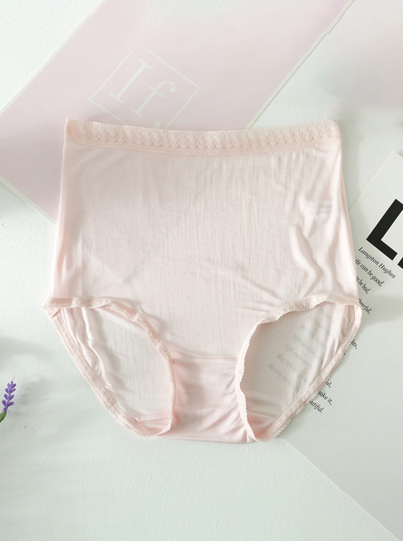 Pure Color Mulberry Silk Thin Breathable High Waist Briefs Lace Silk Panties