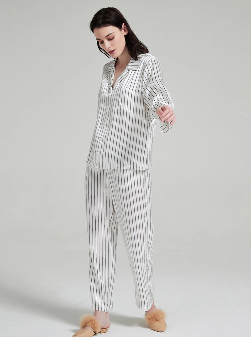 19 Momme Silk Spring Autumn Female Casual Advanced Breathable Black And White Striped Long Sleeve Pants Pajamas Two Piece Set