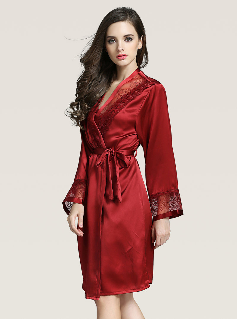 Spring And Summer Perspective Lace Silk Female V-Neck Chest Tie A-Line Version Sexy And Elegant Solid Color Suspender Nightdress Long-Sleeved Nightgown