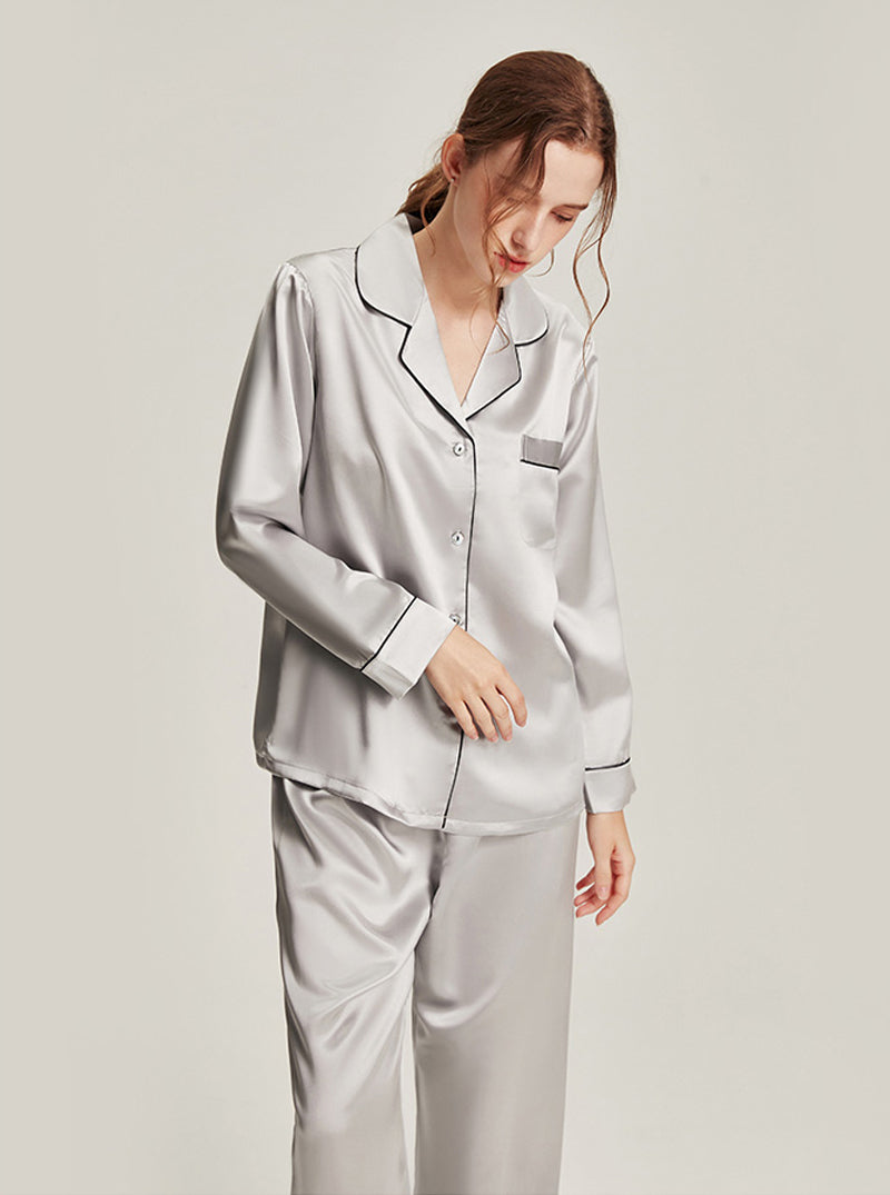 19 Momme Silk Autumn And Winter Female Simple Small Lapel Multi-Color Temperament High-Quality Pajamas Two-Piece Long-Sleeved Trousers