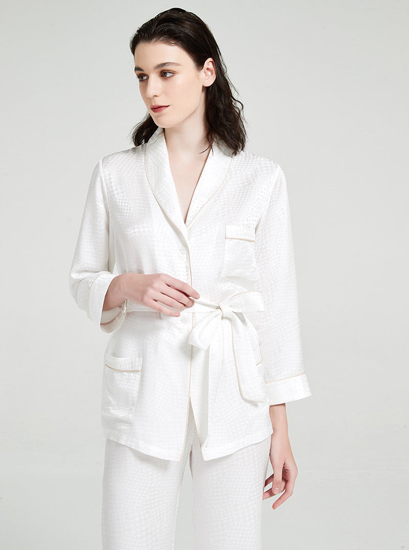 Houndstooth Jacquard 19 Momme Silk Spring And Autumn Female Lapel Elegant And Dignified Solid Color Pajamas Long-Sleeved Trousers Two-Piece Set
