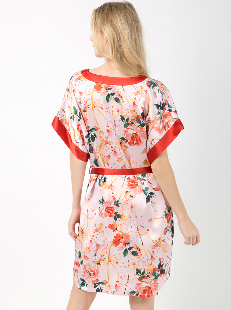 Printed Summer Ladies Silk V-Neck Elegant Luxurious Noble Simple Short Sleeve Belt Nightdress