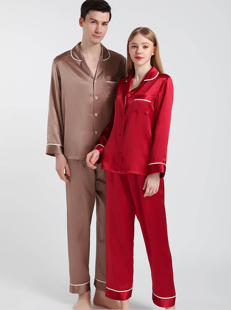 Female Summer Silk Contrast Color Line Small Lapel Simple Loose Comfortable Elegant Solid Color Long-Sleeved Pajamas Two-Piece Set