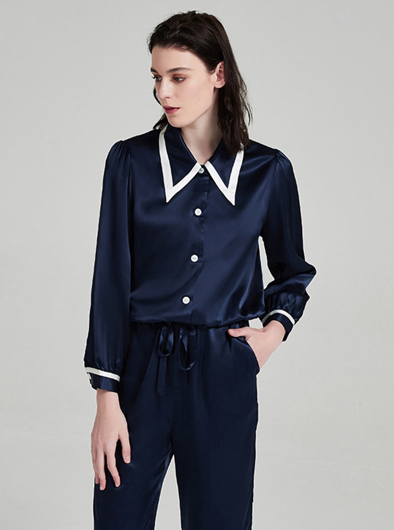 19 Momme Silk Female Spring Retro Pointed Collar High-Quality Temperament Leg Split Contrast Color Long-Sleeved Trousers Pajamas Two-Piece Set