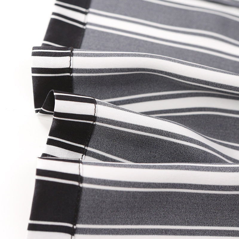 Male Summer 19 Momme Silk Shirt Collar Loose Temperament Black And White Striped Print Short-Sleeved Shorts Two-Piece Pajamas