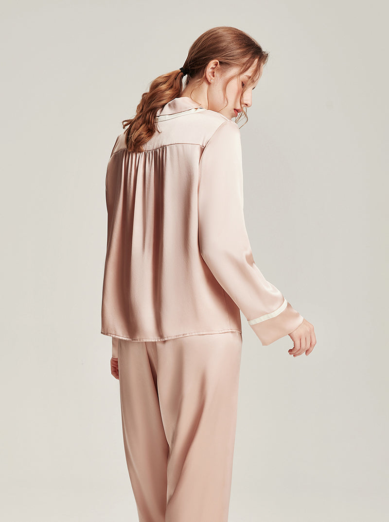 Silk Female Autumn Lapel Stitching Design Simple Fashion Soft Breathable Comfortable Long Sleeve Pajamas Two Pieces Of Solid Color