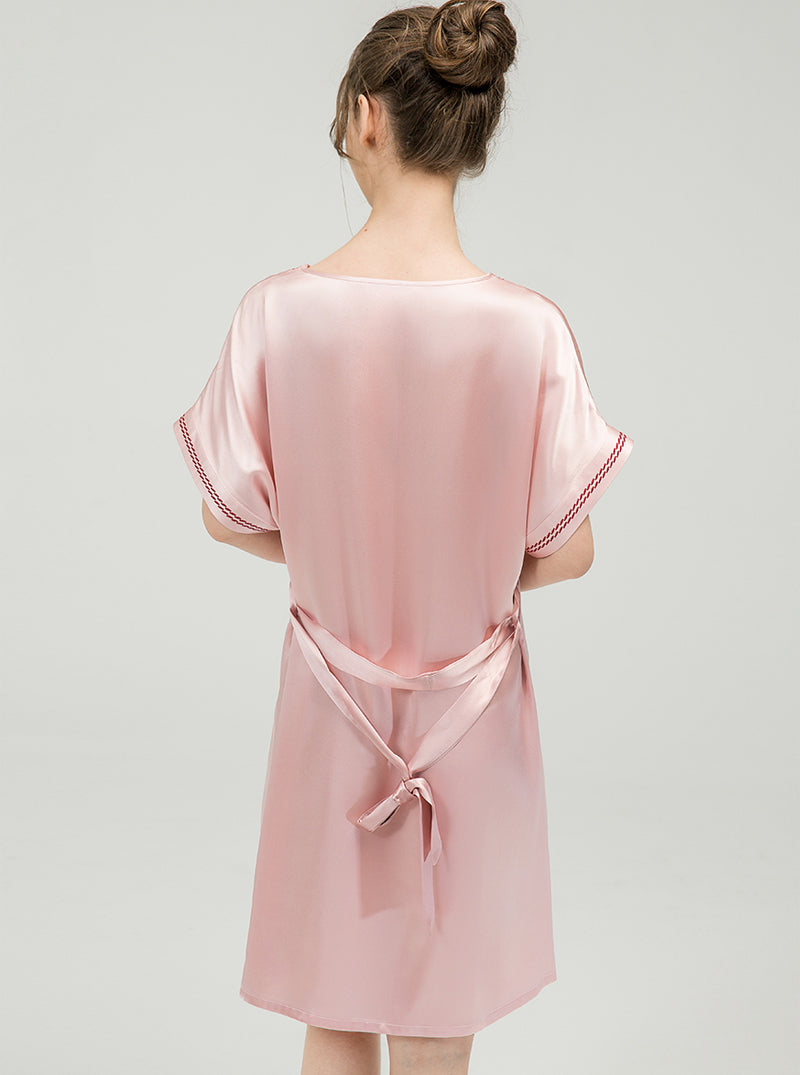 Solid Color Female Silk Summer V-Neck Premium Loose Classic Belt Short Sleeve Nightdress