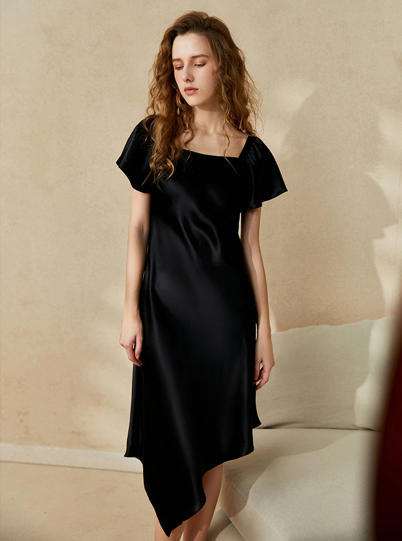 19 Momme Silk Female Nightdress Can Be Outdoors Puff Short Sleeve Off Shoulder Dress