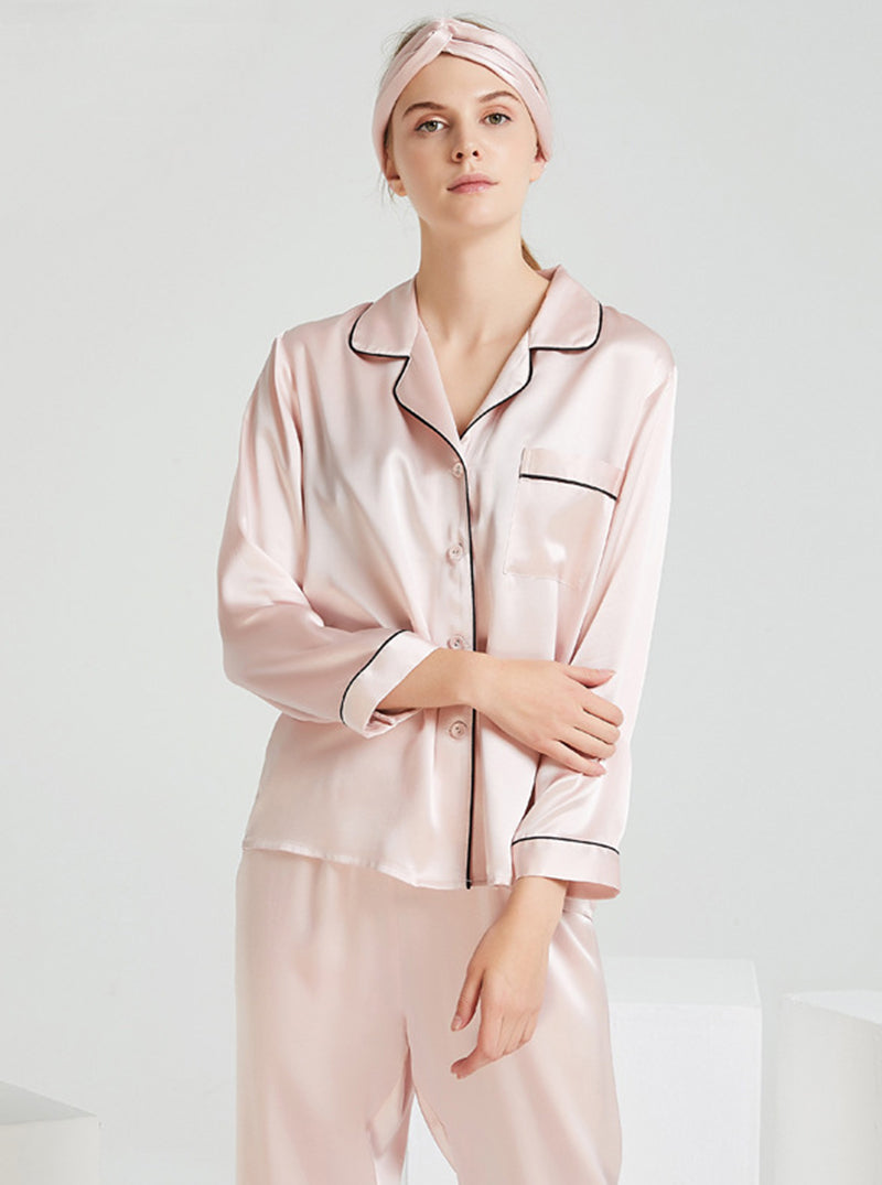 19 Momme Silk Spring And Autumn Female Suit Collar Simple Intellectual Elegant Long-Sleeved Trousers Multi-Color Pajamas Two-Piece Set
