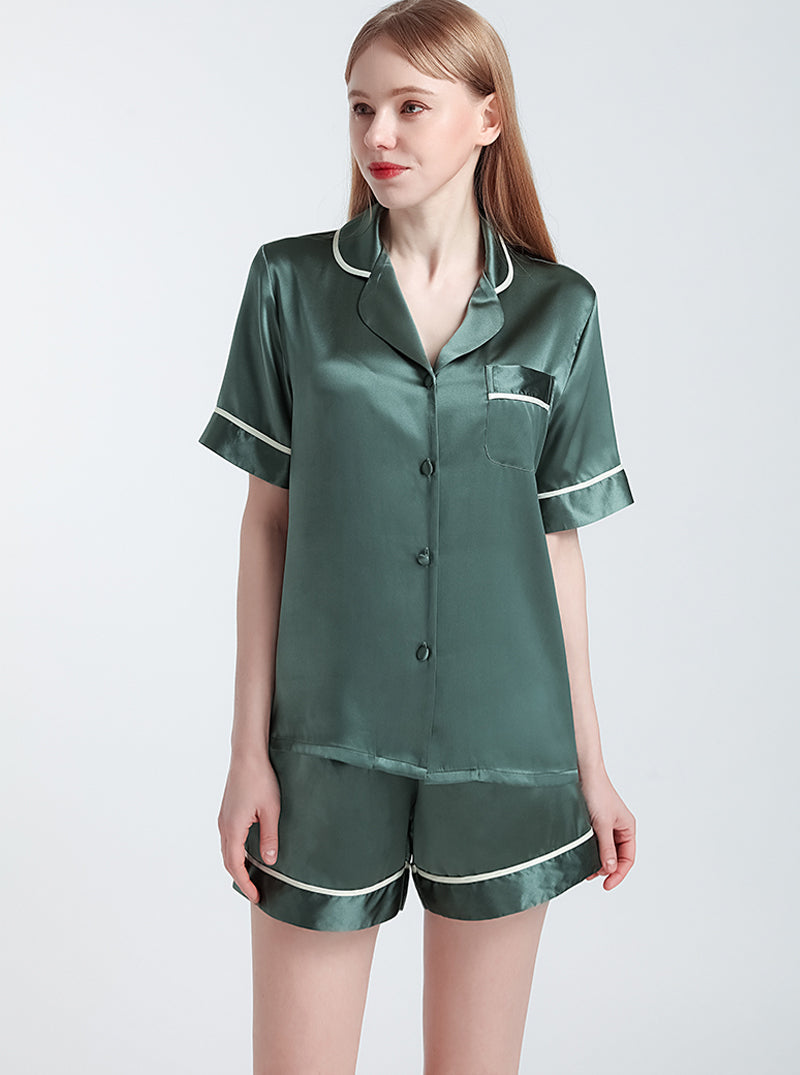 Silk Summer Ladies Small Lapel Cool And Comfortable Loose Stitching Multi-Color Short-Sleeved Shorts Pajamas Two-Piece Set