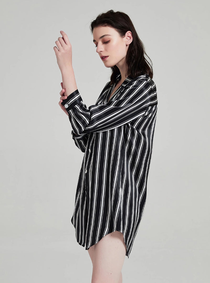 19 Momme Silk Black And White Striped Print Spring Autumn Blouse Collar Breathable Cool And Comfortable Long Sleeve Nightdress