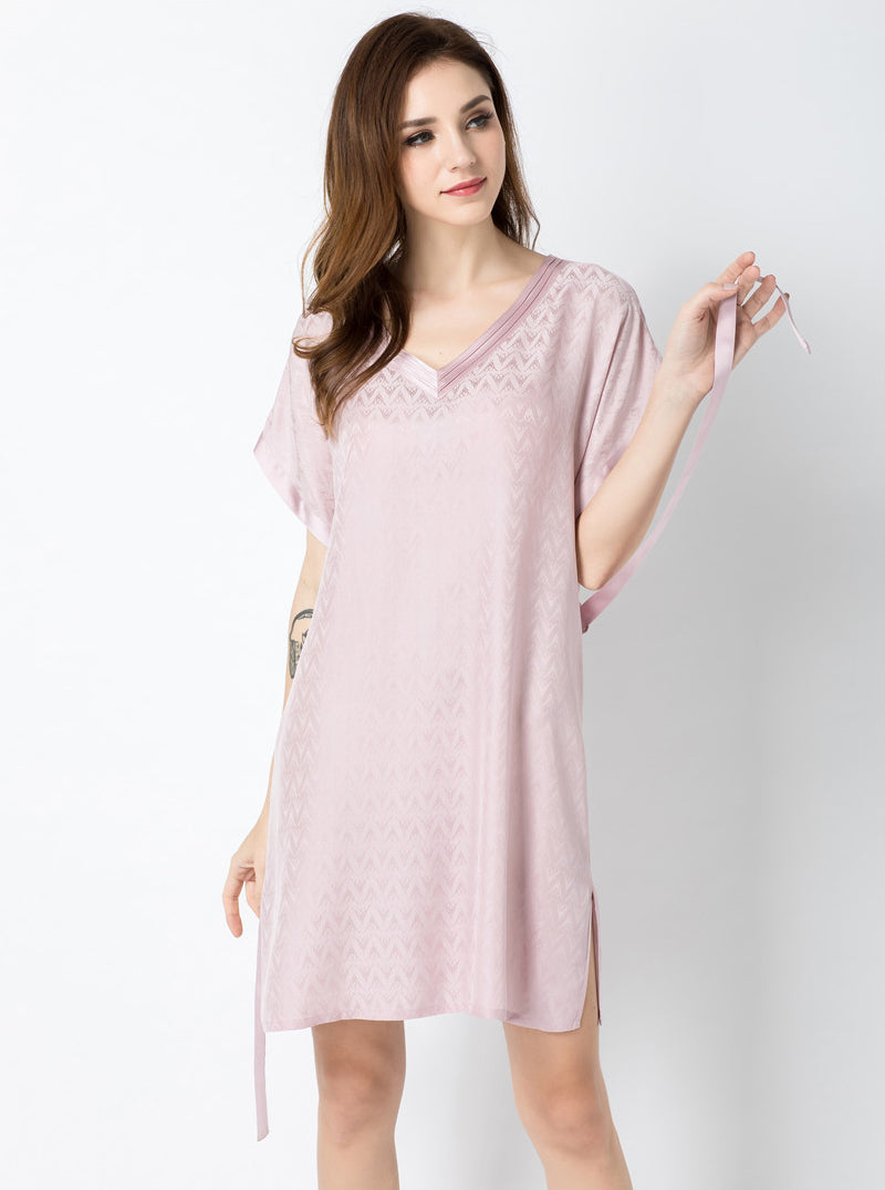 Jacquard Silk Summer Ladies V-Neck Stitching High-End Luxury Elegant Solid Color Belt Short-Sleeved Nightdress