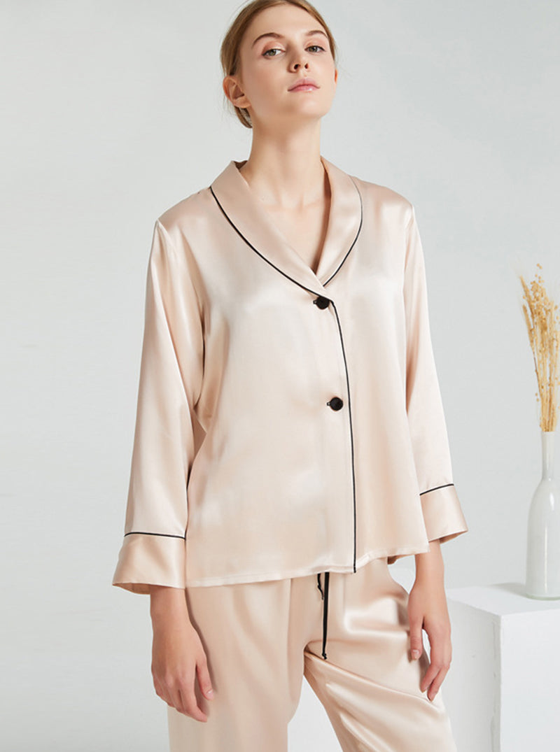 Spring 19 Momme Silk Small Lapel Female Elegant Simple Light Color Long Sleeve Pants Two Piece Pajamas