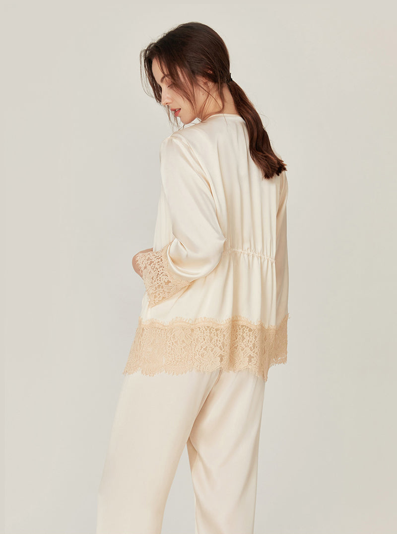 Silk Spring Female V Collar Lazy Retro Matching Pajamas Lace Stitching Three-Piece Set