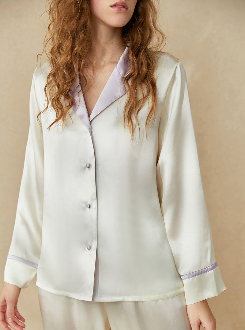 19 Momme Silk Summer Female Stitching Contrast Color Small Lapel Simple And Comfortable Casual Loose Long-Sleeved Two-Piece Pajamas