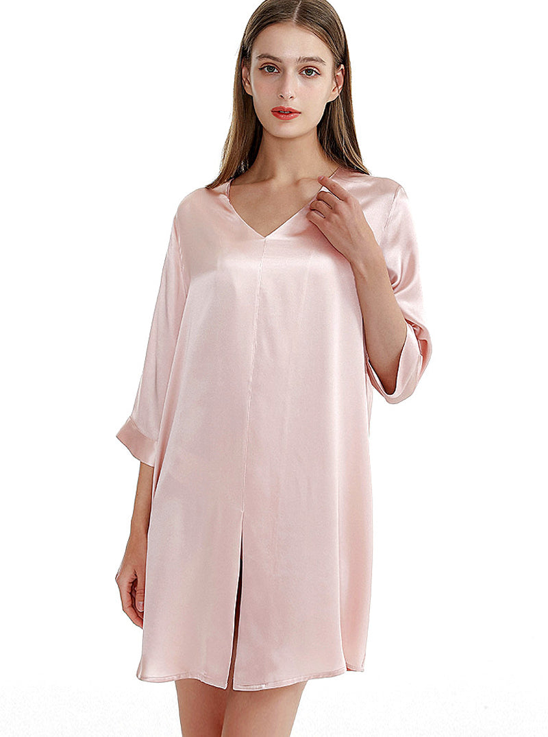 Silk Multicolor Summer Female V-Neck Sexy Casual Simple Solid Color Printed Mid-Sleeve Nightdress