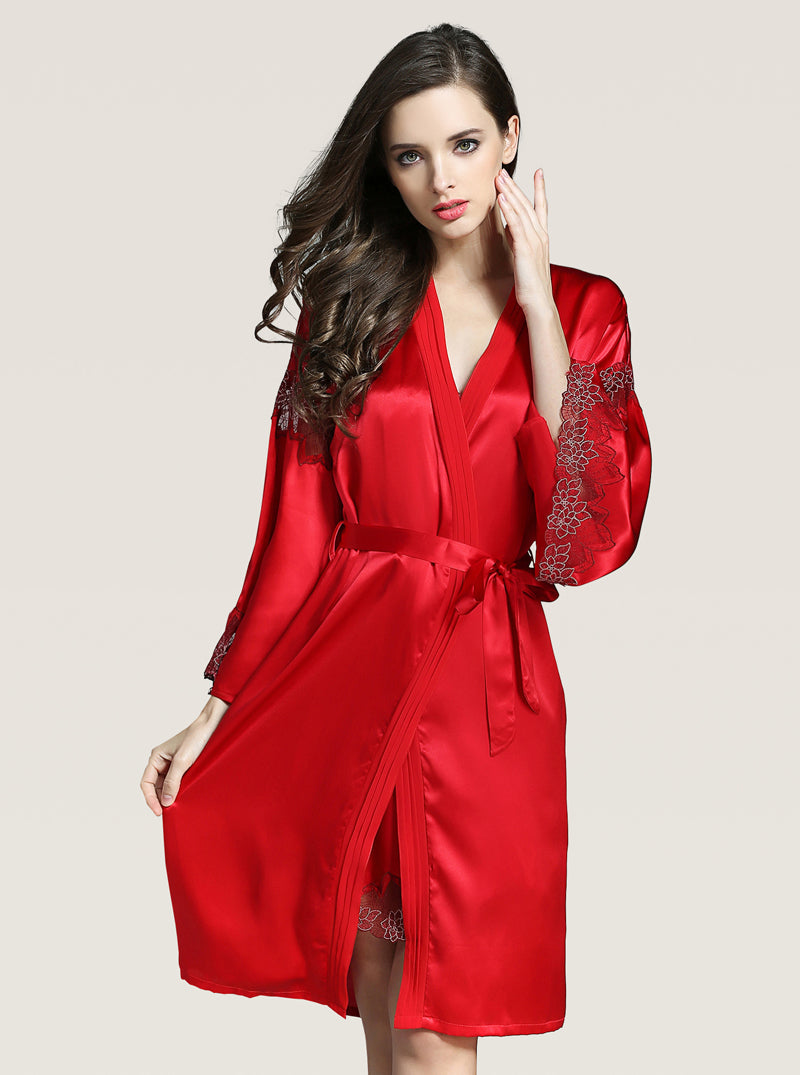 V-Neck Sexy Summer Female Silk Stitching Perspective Lace Elegant Slim High-End Solid Color Suspender Nightdress Long-Sleeved Nightgown Two-Piece Set