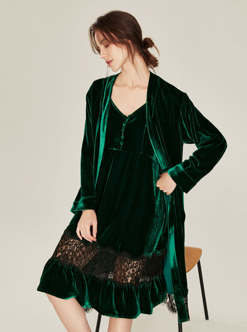 Autumn Winter Silk Velvet Female Medium Length Matching Pajamas V Collar Lace Stitching Hem Slim Sling Nightdress And Night-Robe Set