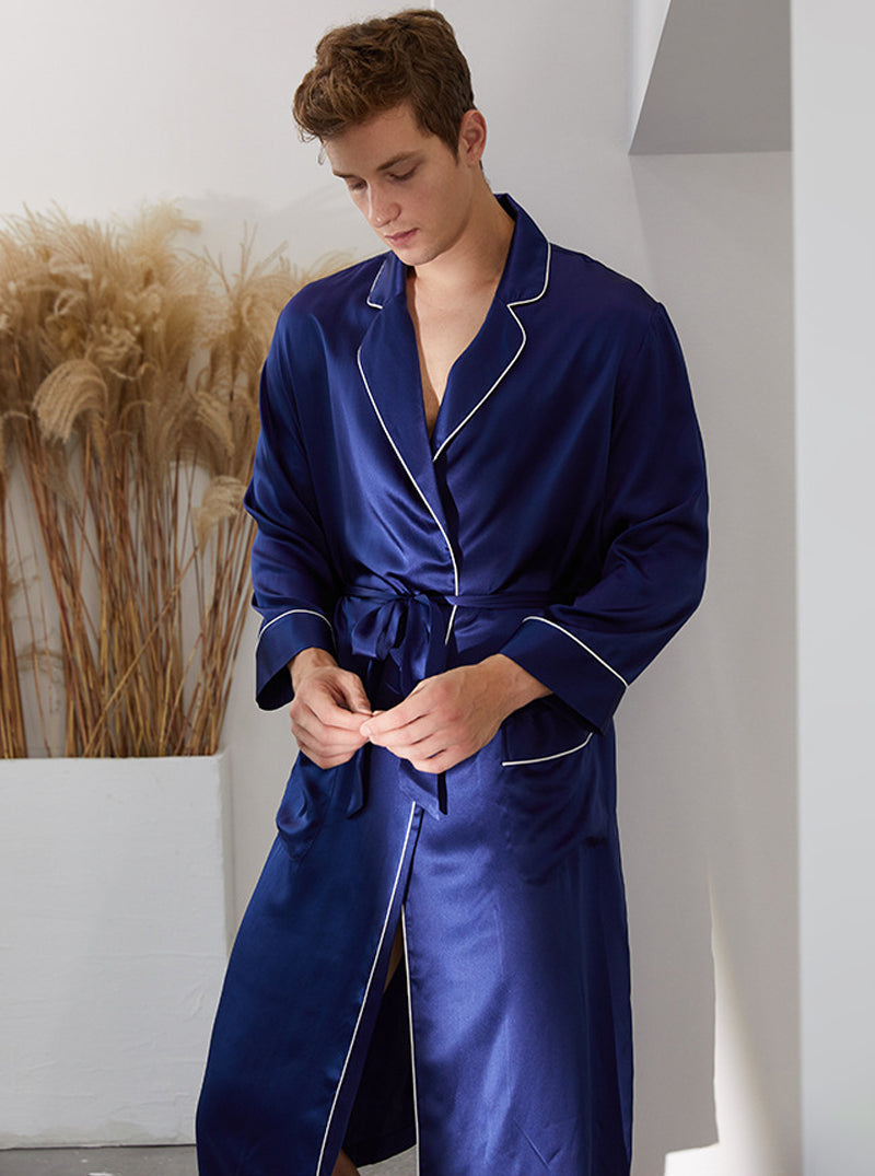 Suit Collar 19 Momme Silk Male Spring Summer Fashion High-End Solid Color Long-Sleeved Long Night-Robe