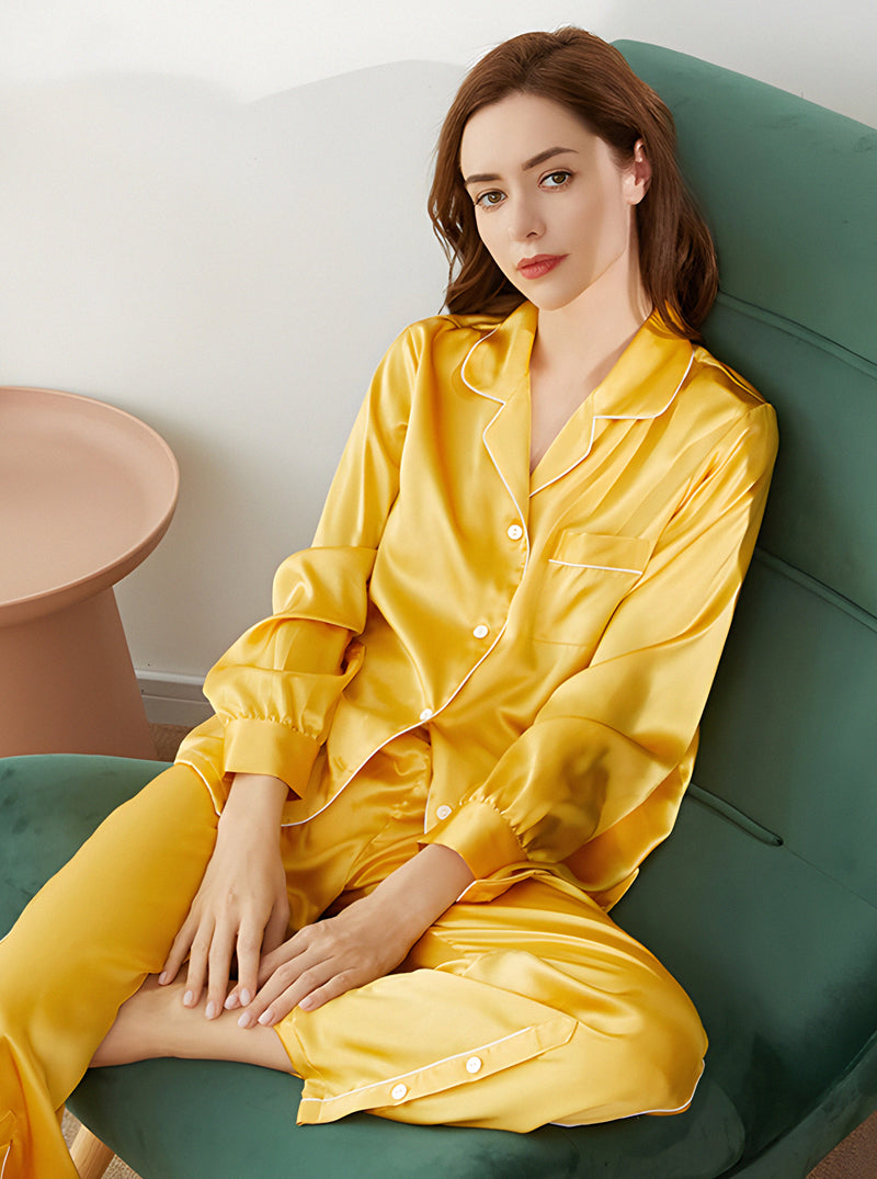 19 Momme Silk Autumn Ladies Small Lapel Beautiful Lively Colors Bright Long Sleeve Pajamas Two Piece Set