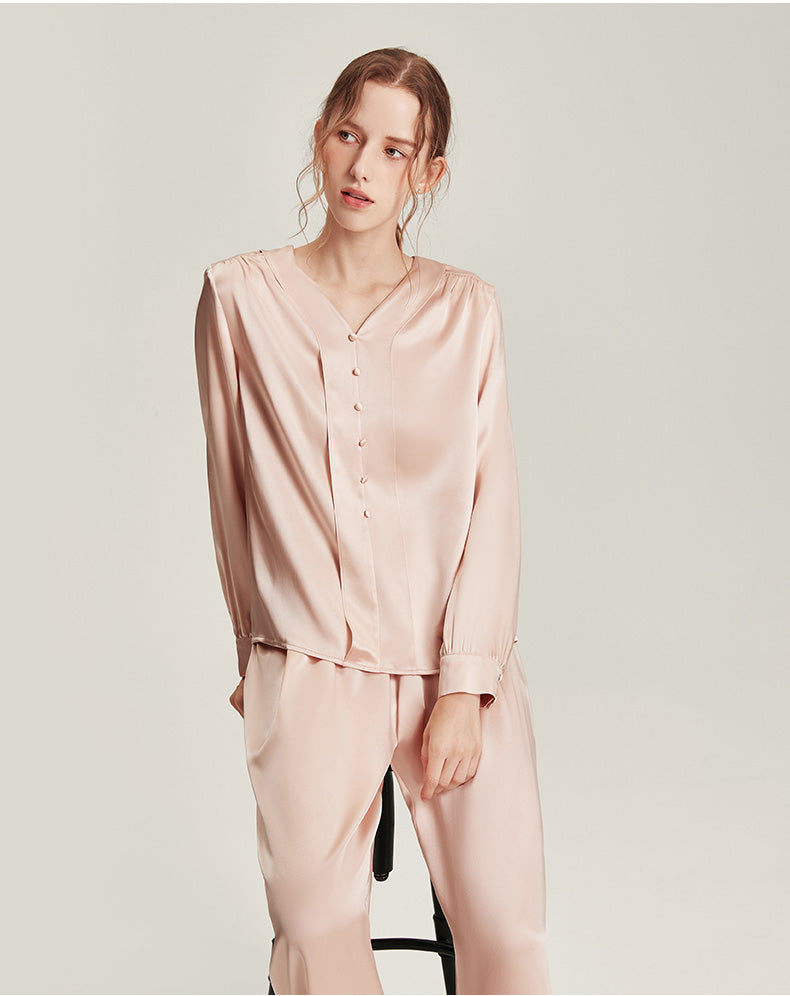 Simple V-Neck Silk Hideyoshi Female High-End Comfortable Solid Color Long-Sleeved Trousers Pajamas Two-Piece Set