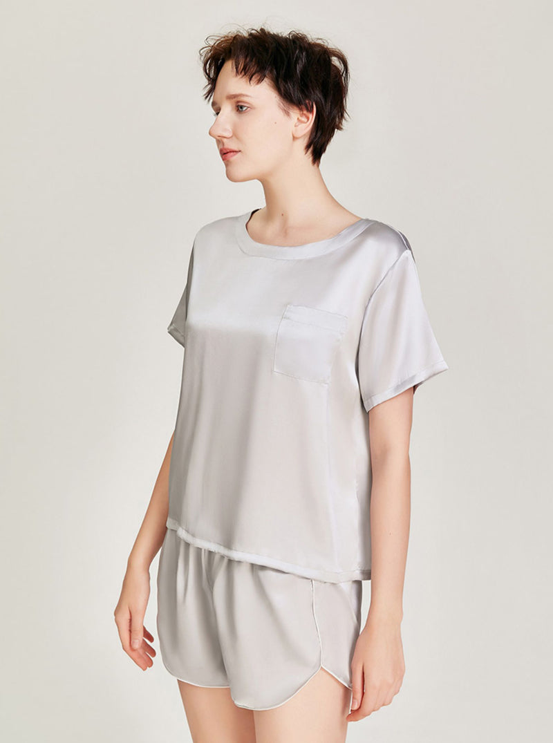 Silk Matching Pajamas Summer Small Pocket Decoration Round Collar Short Sleeve T-shirt Shorts Comfortable Two-Piece Set Female