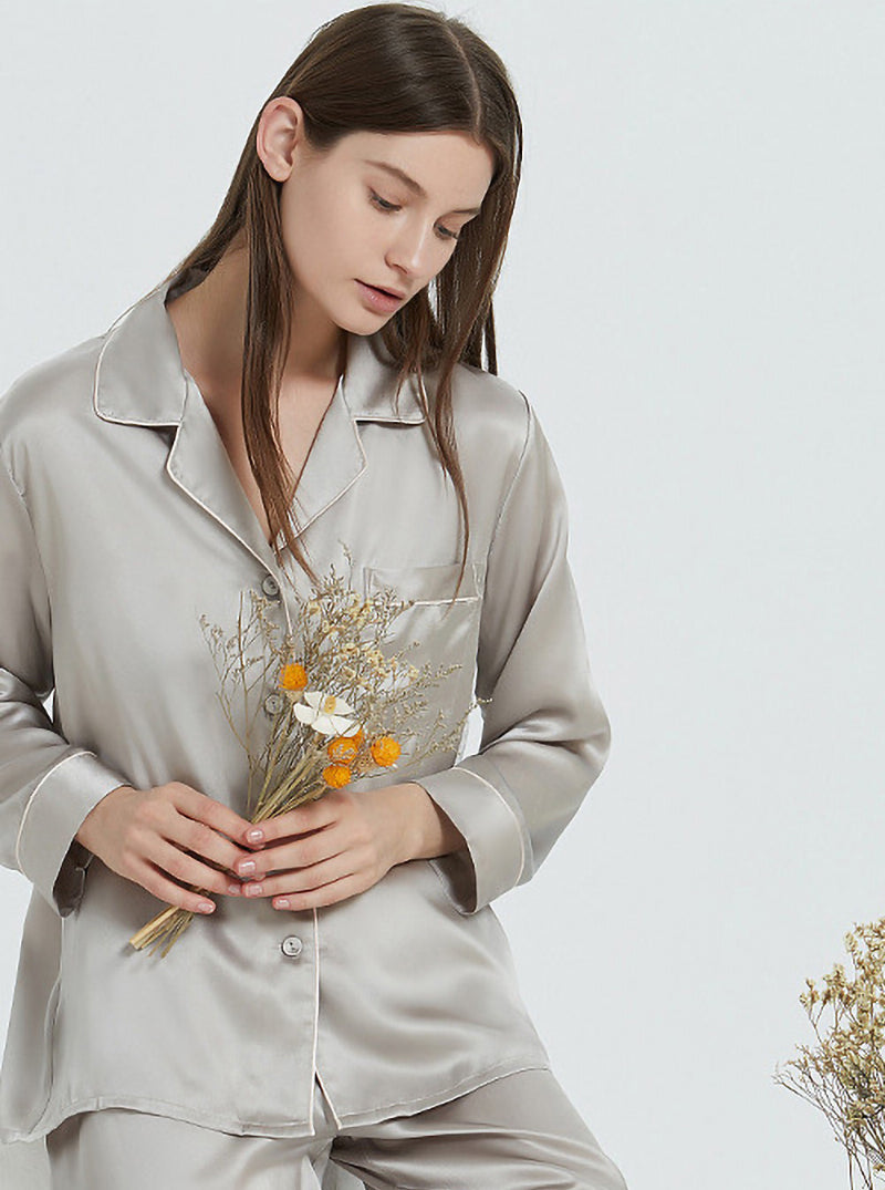Silk Spring And Autumn Female Suit Collar Simple Fashion Classic Long Sleeve Pants Pajamas Two-Piece Set