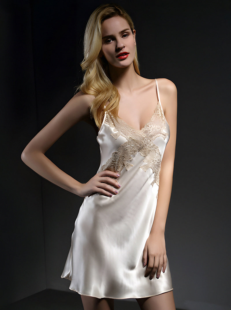 19 Momme Silk Summer Sexy Backless Ladies Beautiful Lace Stitching Small V-Neck Multicolor Gentle Sling Nightdress