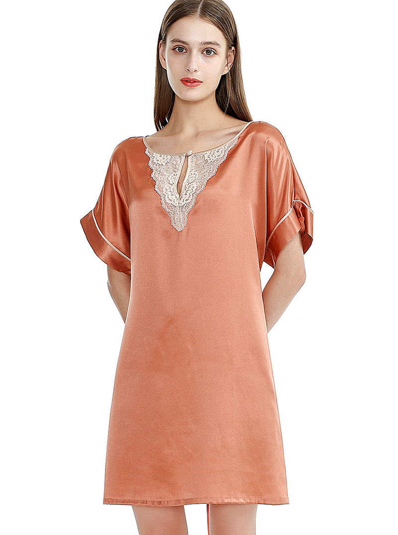 Silk Summer Lace Hollow V-Neck Female Simple And Elegant Belted Solid Color Short Sleeve Nightdress