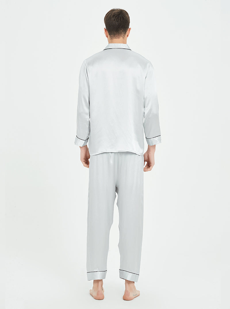 19 Momme Silk Spring And Autumn Male Small Lapel Comfortable And Breathable Classic Version Solid Color Long-Sleeved Trousers Pajamas Two-Piece Set
