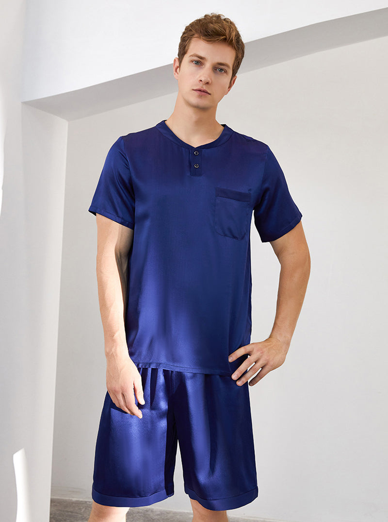 19 Momme Silk Summer Male Round Neck Casual Loose Handsome Solid Color Short-Sleeved Shorts Pajamas Two-Piece Set