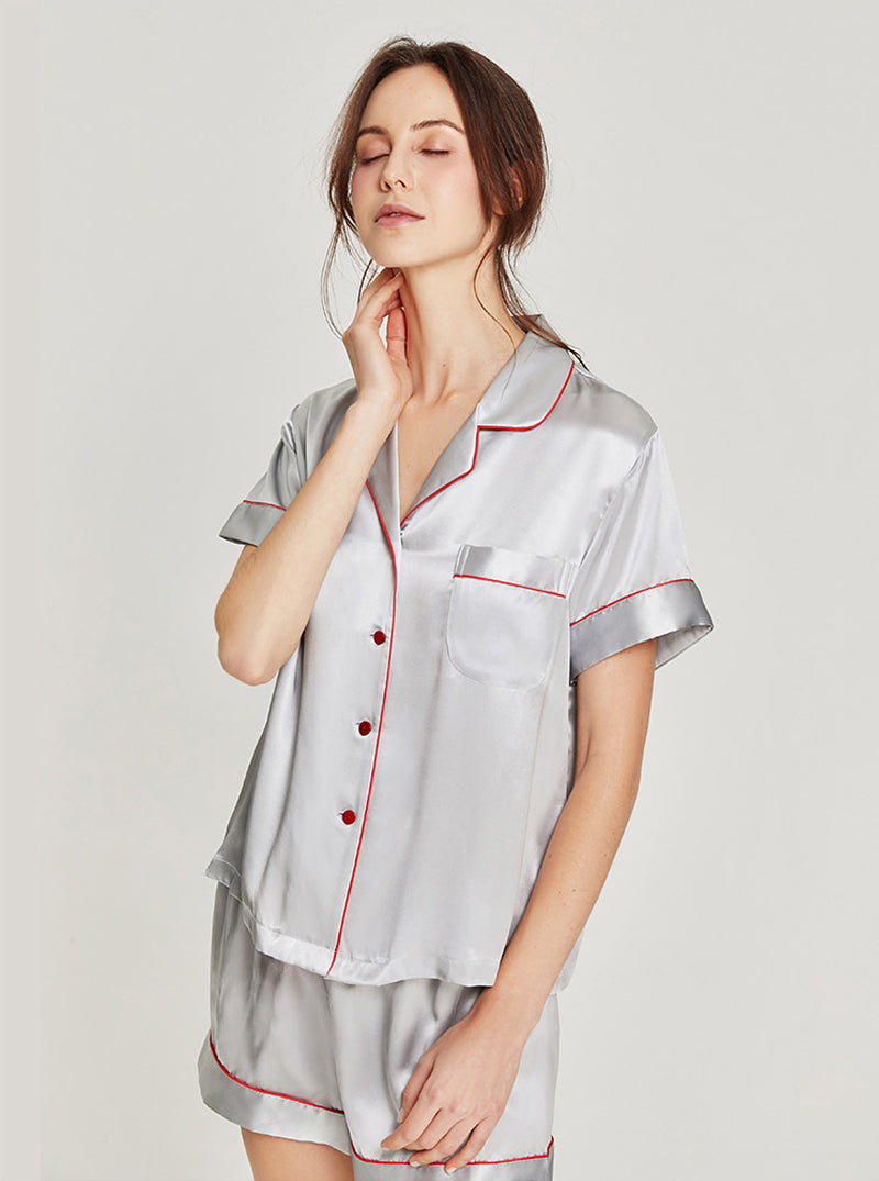 19 Momme Silk Summer Female Small Lapel Simple Fashion Versatile Multicolor Short Sleeve Button Pajamas Two-Piece Set