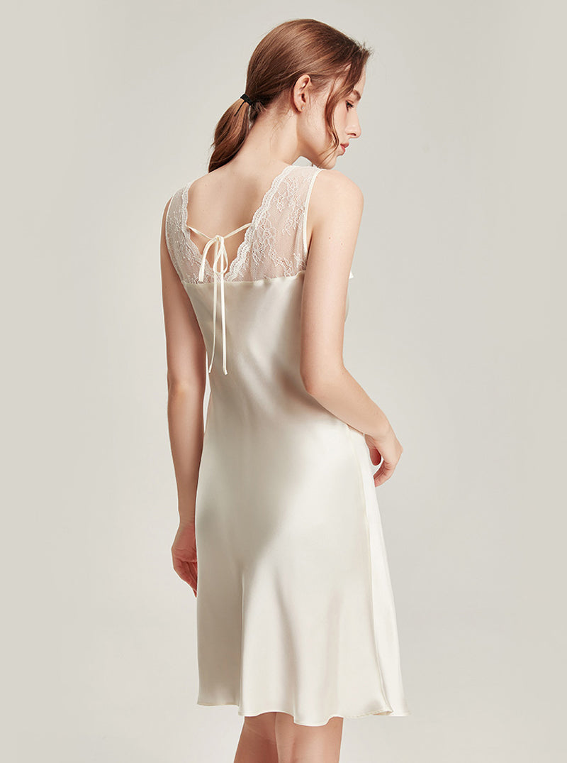 Silk Female Autumn Swing Collar Elegant Romantic Simple Soft Stitching Perspective Lace Suspender Nightdress Long-Sleeved Nightgown