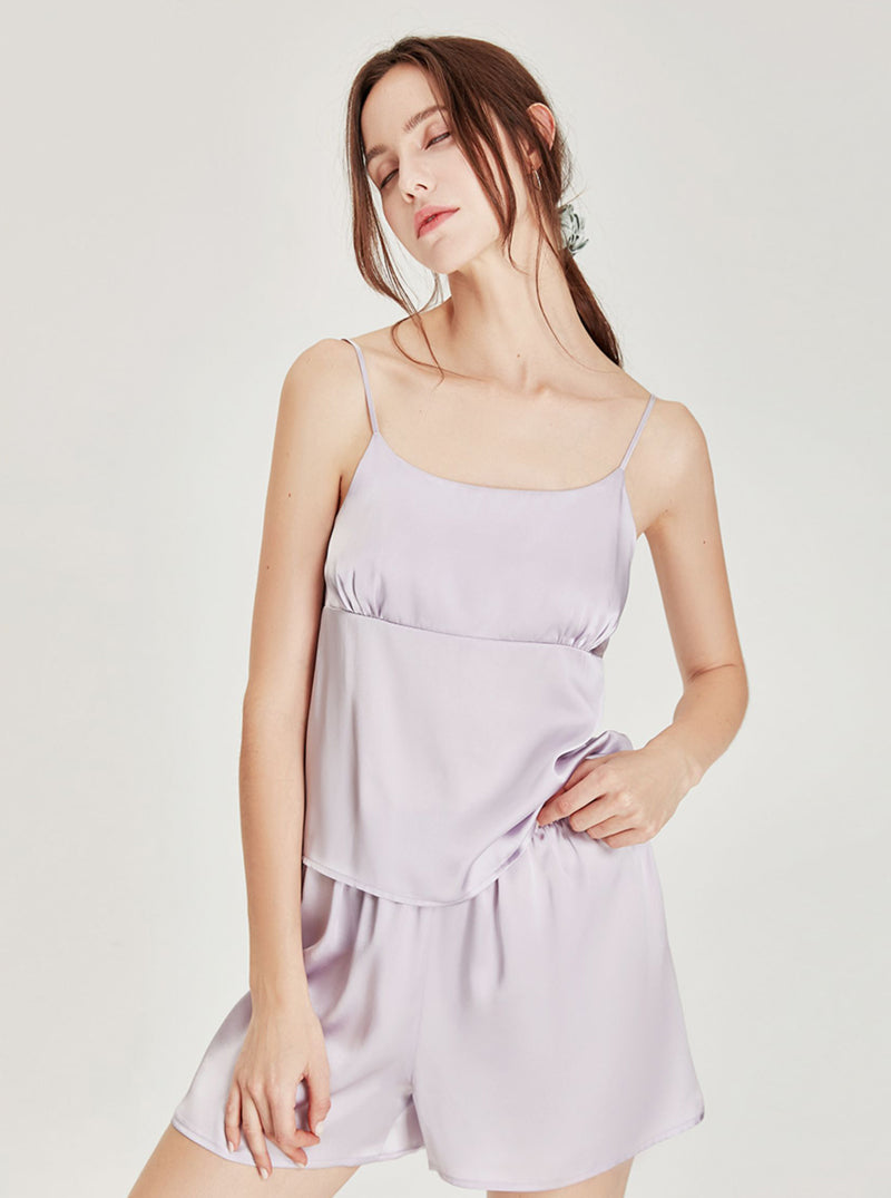 Simplicity Splicing Design Matching Pajamas Pure Color Silk Female Summer Round Collar Camisole Shorts Two-Piece Set