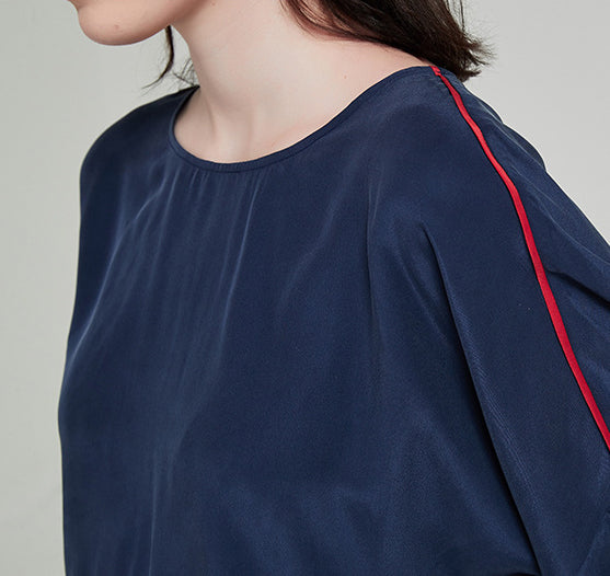 19 Momme Silk Navy Blue Spring And Autumn Female Round Neck Sand Wash Soft Loose Long-Sleeved Trousers Pajamas Two-Piece Set