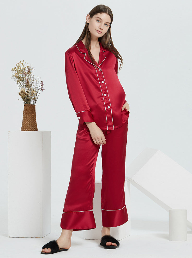19 Momme Silk Spring And Autumn Female Suit Collar Simple Fashion Comfortable High-End Solid Color Long-Sleeved Trousers Pajamas Two-Piece Set