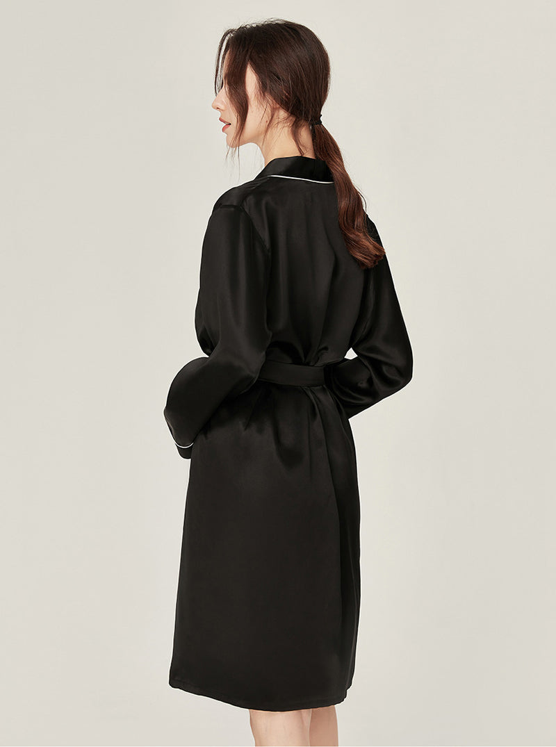 Silk Wedding Morning Robe V Collar Advanced Sense Simplicity Pure Color Medium Length Night-Robe Female