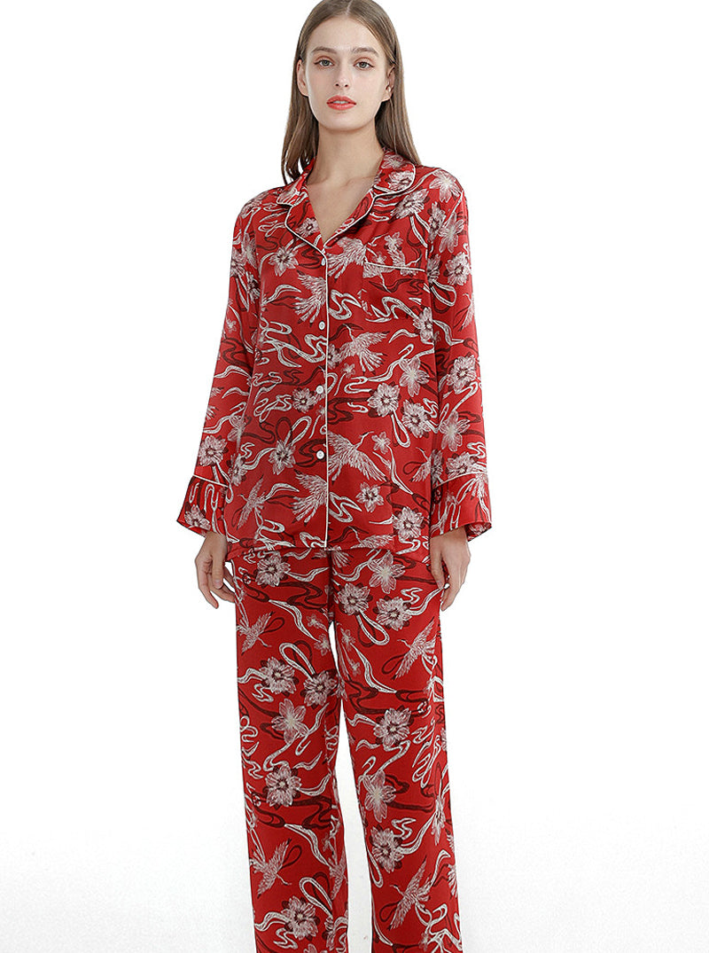 Silk Summer Female Small Lapel Print Elegant And Dignified Charming Multi-Color Long-Sleeved Pajamas Two-Piece Set