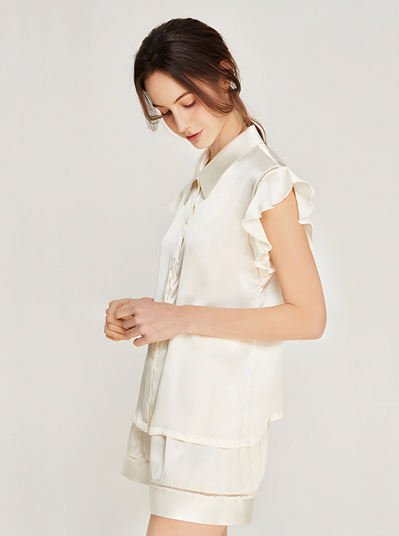 Silk Matching Pajamas Female Summer Simplicity Shirt Collar Lapel Lace Hollow Splicing Ruffle Small Flying Sleeve Top Shorts Two-Piece Set