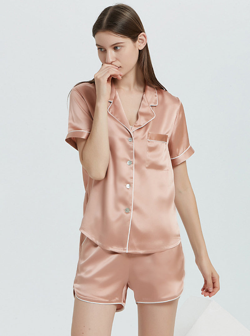 Multicolor 19 Momme Silk Female Small Lapel Summer Simple Fashion Cool And Convenient Short Pajamas