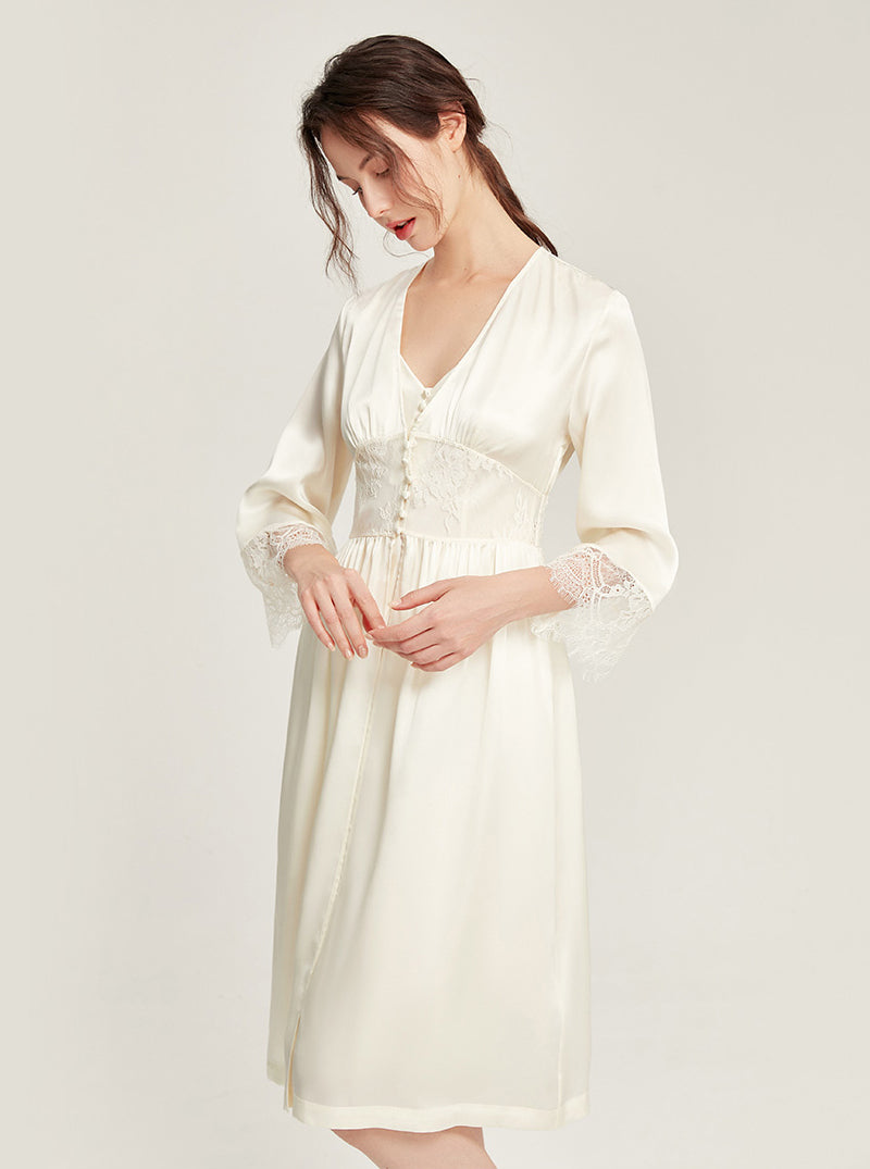 Silk Spring And Autumn Female V-Neck Waist Lace Long-Sleeved Sexy High-End Retro Elegant French Solid Color Pajamas