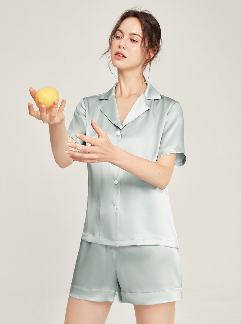 Silk summer Female small lapel simple youth fashion generous refreshing cool solid color short-sleeved two-piece pajamas