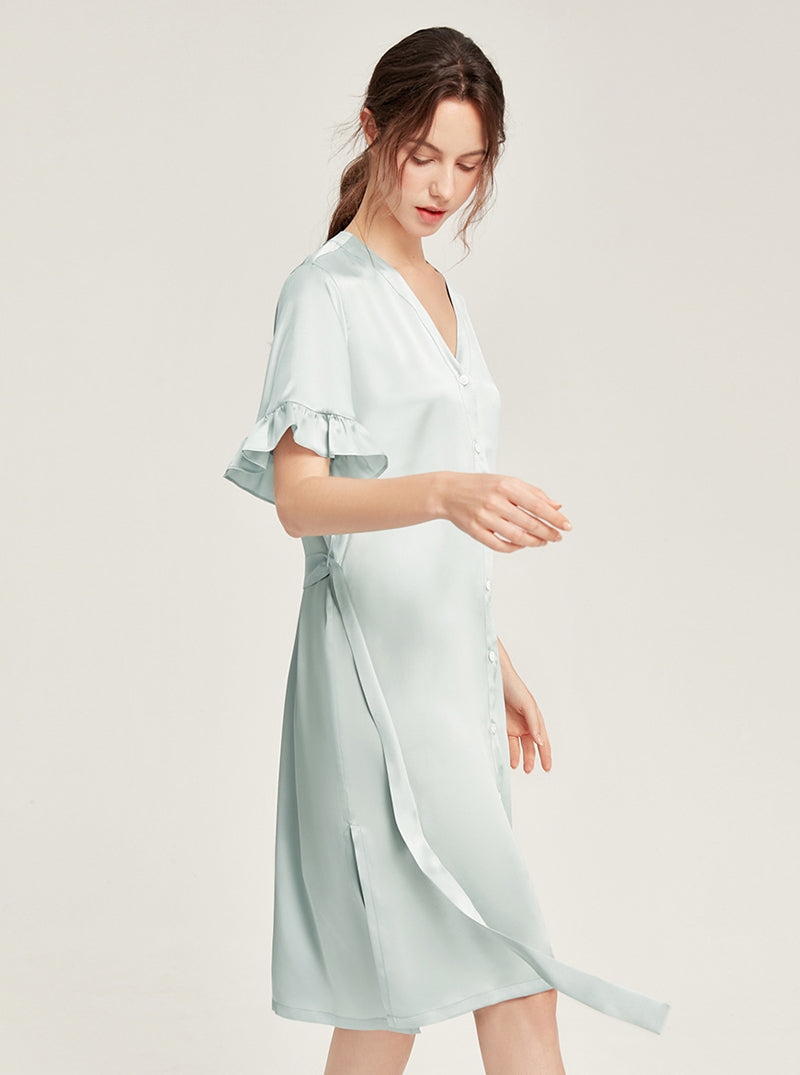 Female Summer 19 Momme Pure Color Silk Buttons V Collar Split Hem Ruffle Short Sleeve Medium Length Night-Robe