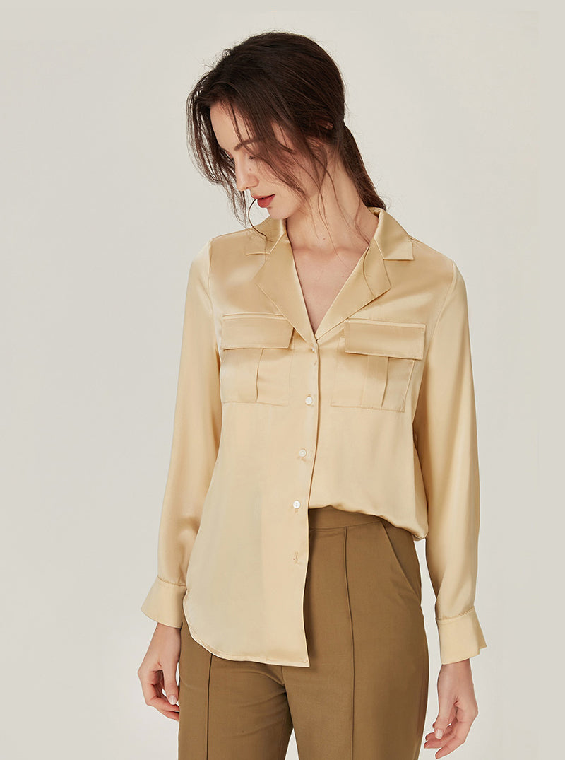 19 Momme Silk Lapel Shirt Simplicity Summer Female Can Be Worn Outdoors Long Sleeve Cool Pajamas Top