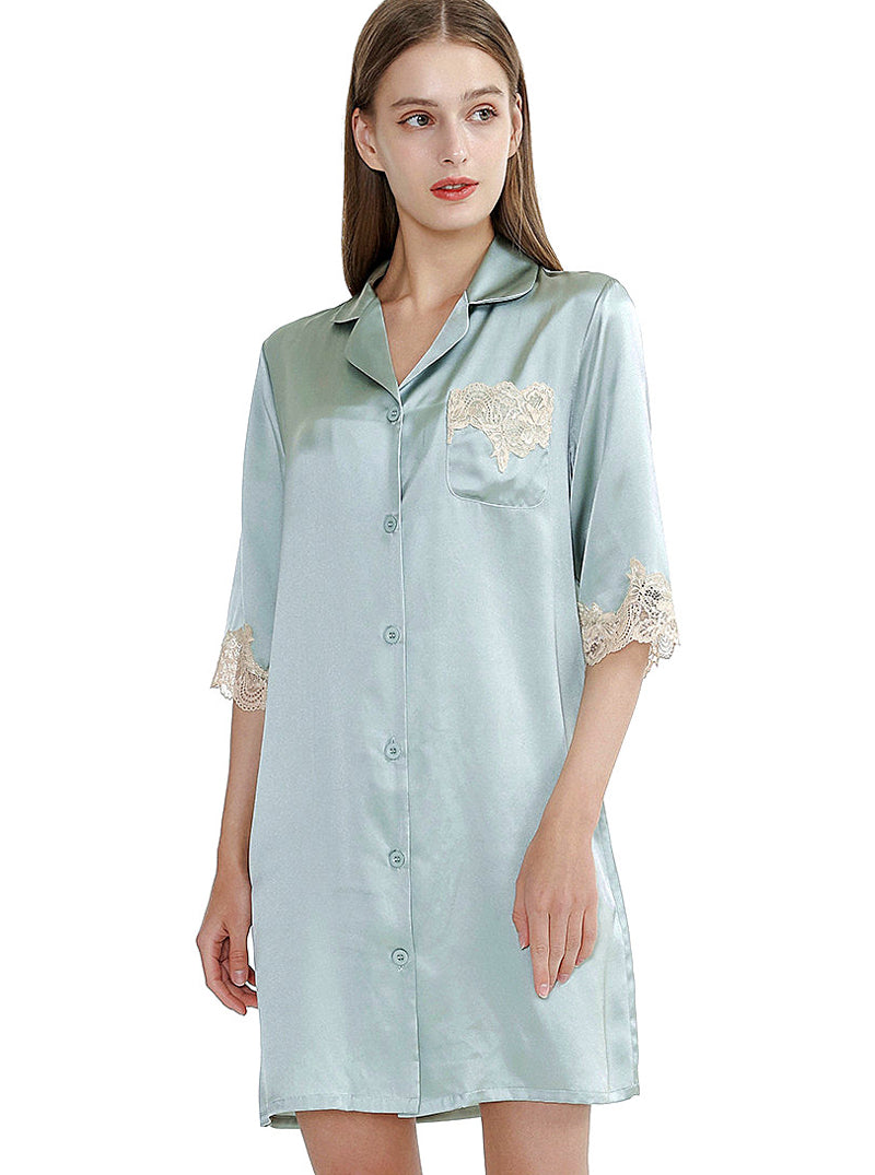 Summer Silk Female Small Lapel Noble Luxury Loose Mature Solid Color Mid-Sleeve Lace Nightdress