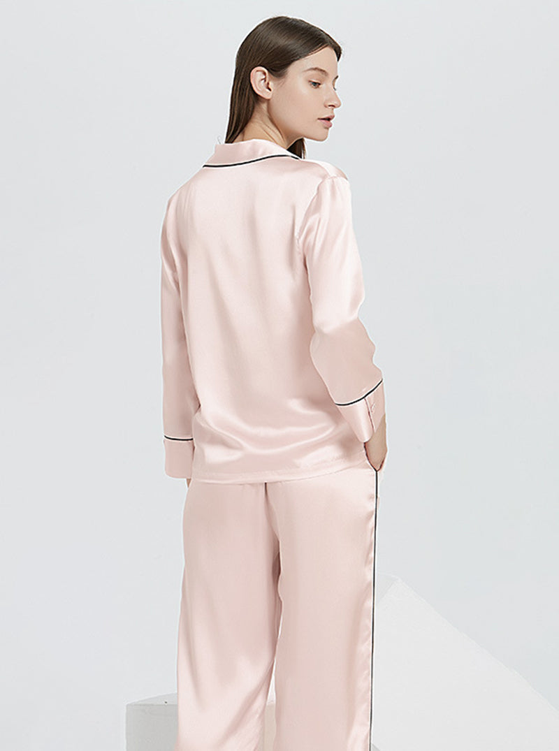 Female Autumn And Winter 22 Momme Silk Small Lapel Classic Casual Loose Solid Color Long-Sleeved Trousers Two-Piece Pajamas