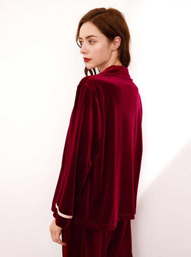 Silk Autumn And Winter Ladies Large Lapel High Fashion Retro Gentle Solid Color Long-Sleeved Two-Piece Pajamas