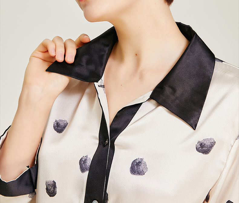Black And White Polka Dot Pattern Silk Spring And Summer Female Low-Key Simple Retro Shirt Collar Long-Sleeved Pajamas Two-Piece Set