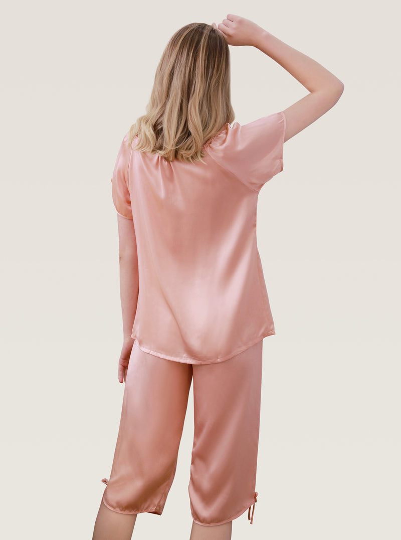 Female Spring And Autumn Silk Round Neck Embroidered Drawstring Comfortable Soft Breathable Short Sleeve Mid-Length Pants