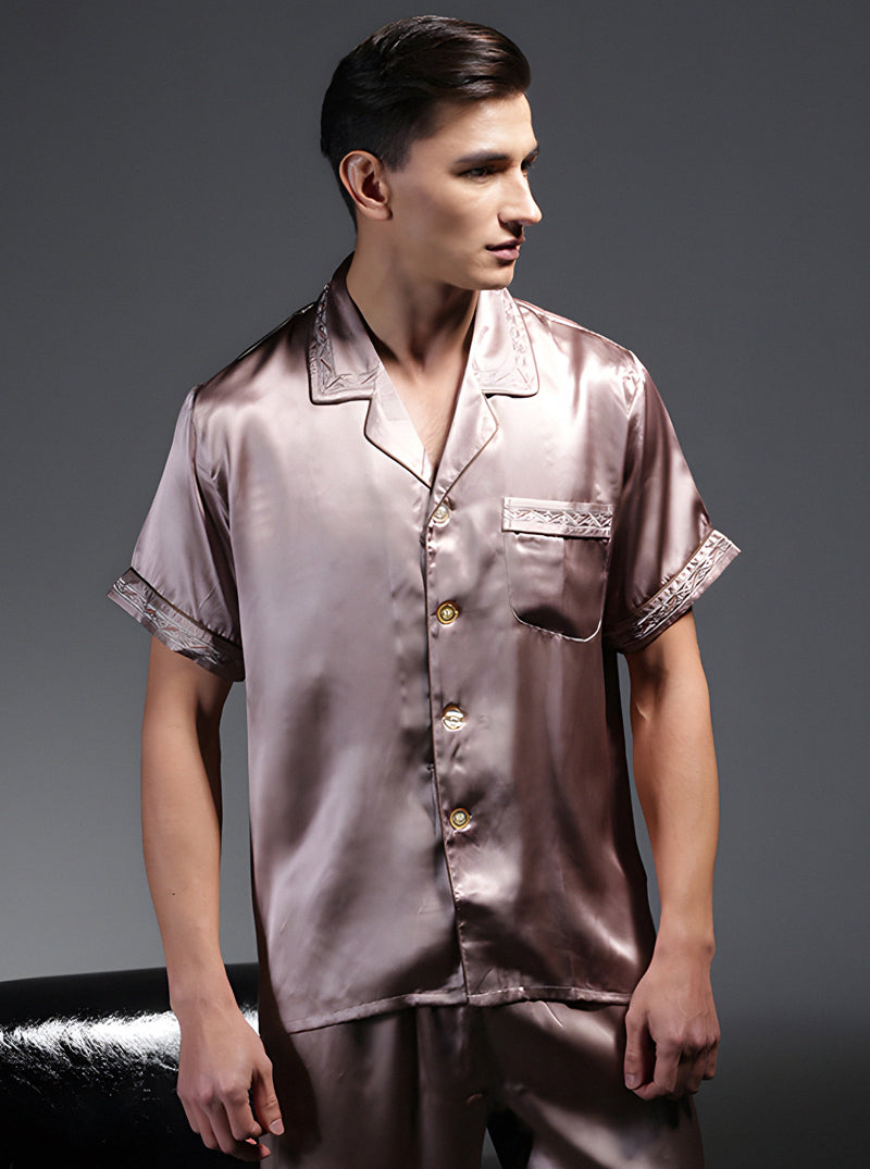 Silk Summer Male Lapel Advanced Temperament Solid Color Short-Sleeved Trousers Two-Piece Pajamas